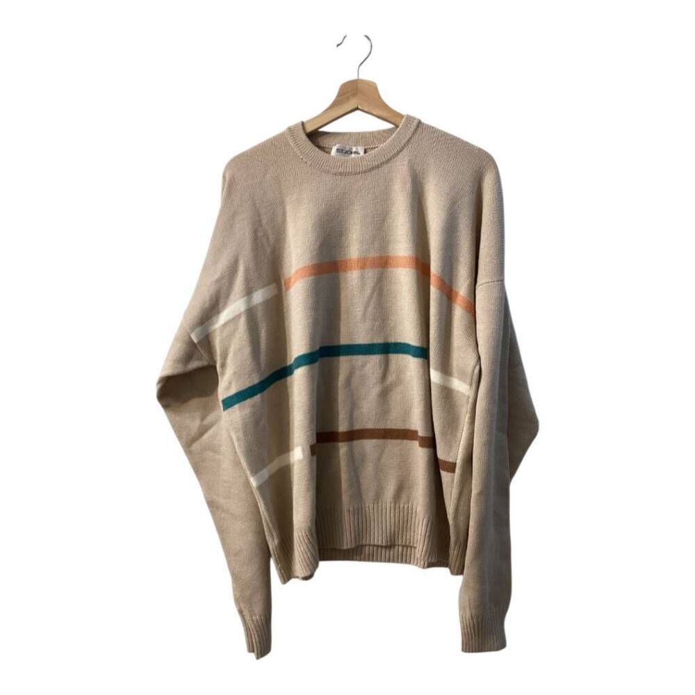 St john Vintage Beige Crewneck Sweater Retro Striped Knit Pullover‎ Size XL